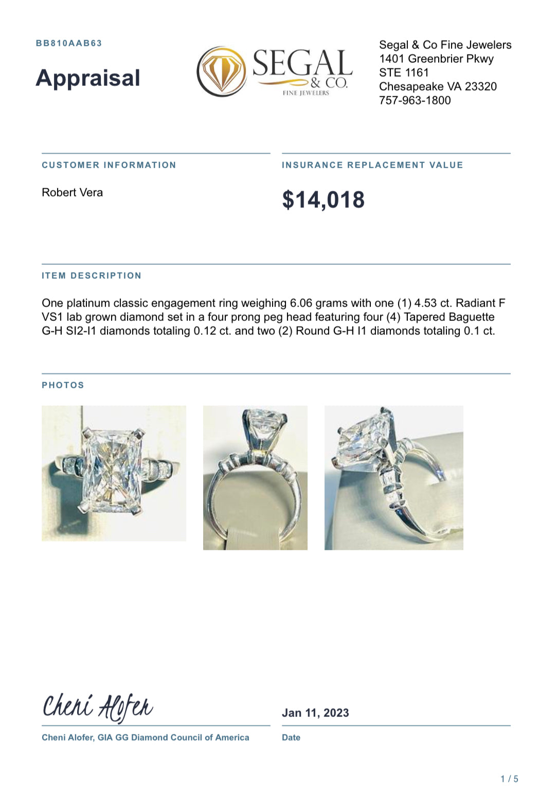 Platinum 4.75 CTW Lab Grown Diamond Ring