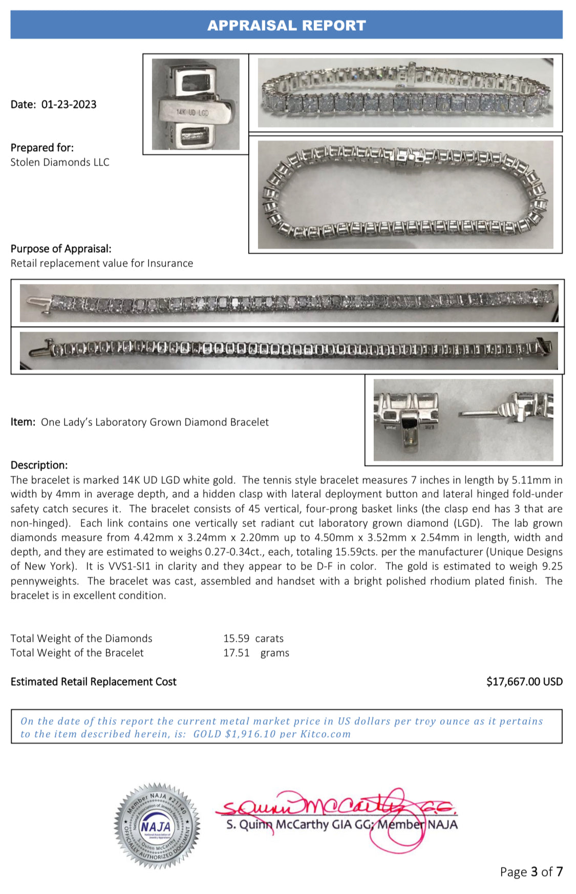 14K 15.00 CTW Lab Grown Diamond Line Bracelet w/Appraisal
