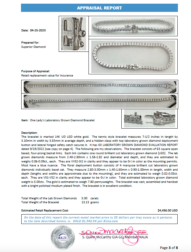 14K 5.00 CTW Lab Grown Diamond Line Bracelet with IGI Report