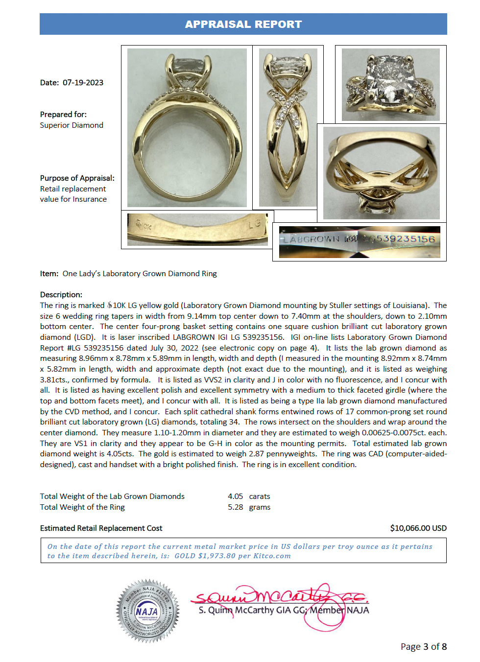 4.05 CTW Lab Grown Diamond with Online Digital IGI Report