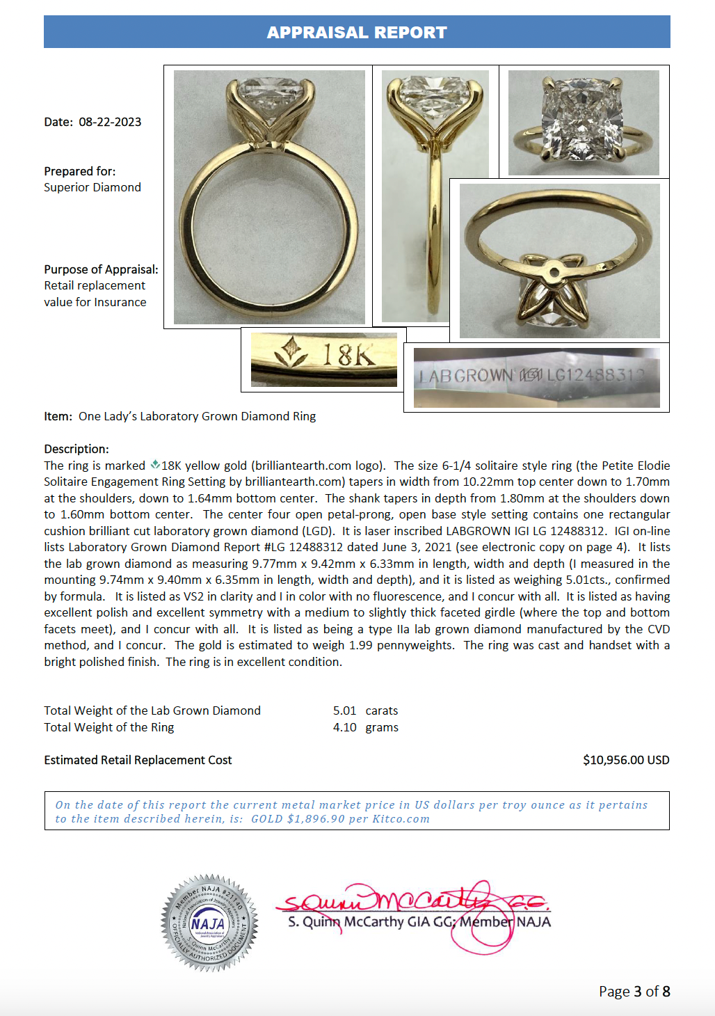 14K Gold 5.01 CTW Lab Grown Diamond Ring