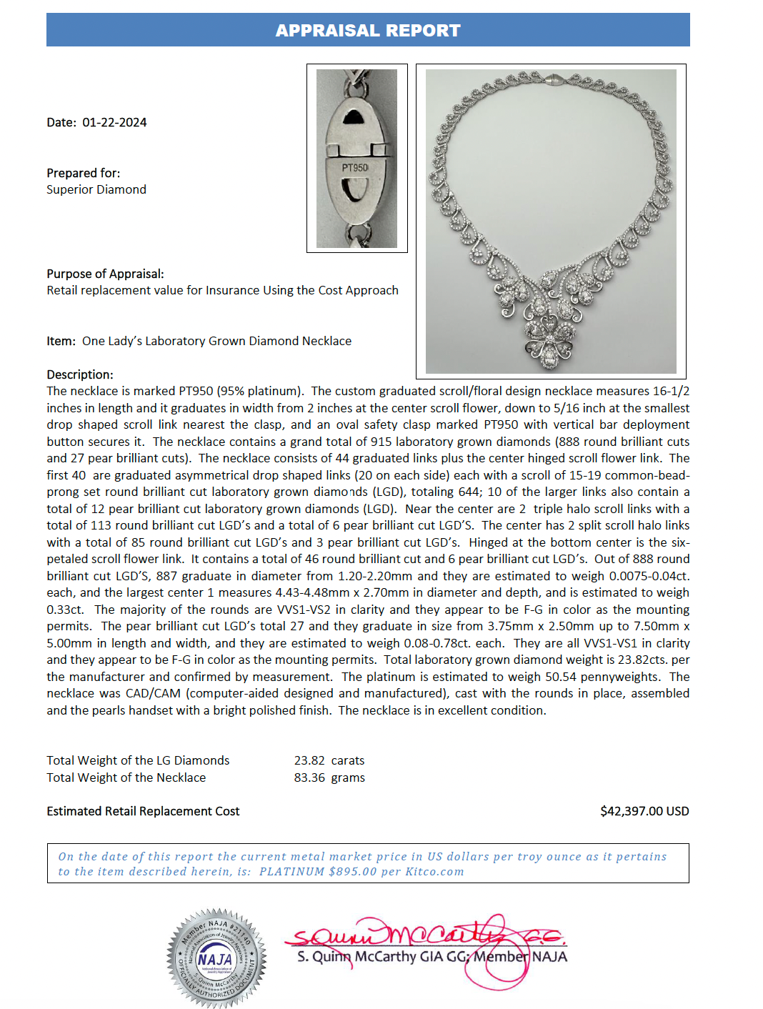 Platinum 23.82 CTW Lab Grown Diamond Floral and Scrollwork Necklace