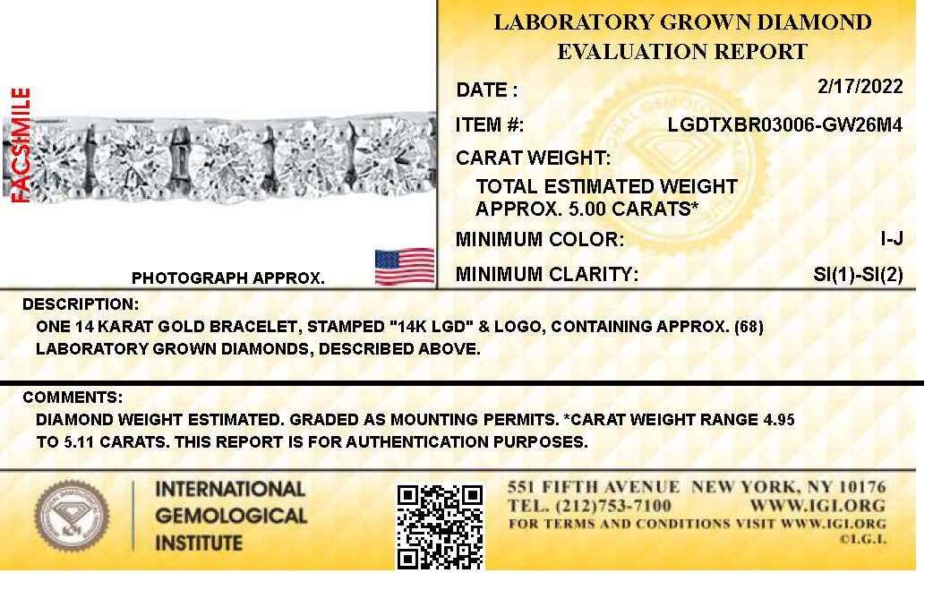 14K 5.00 CTW Lab Grown Diamond Line Bracelet with IGI Report