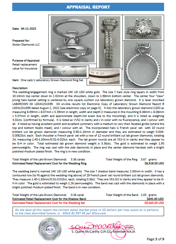 14K 3.72 CTW Lab Grown Diamond Ring Set with IGI Report