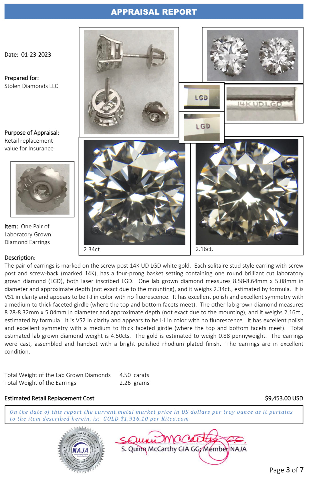 14K 4.50 CTW Lab Grown Diamond Stud Earrings w/Appraisal