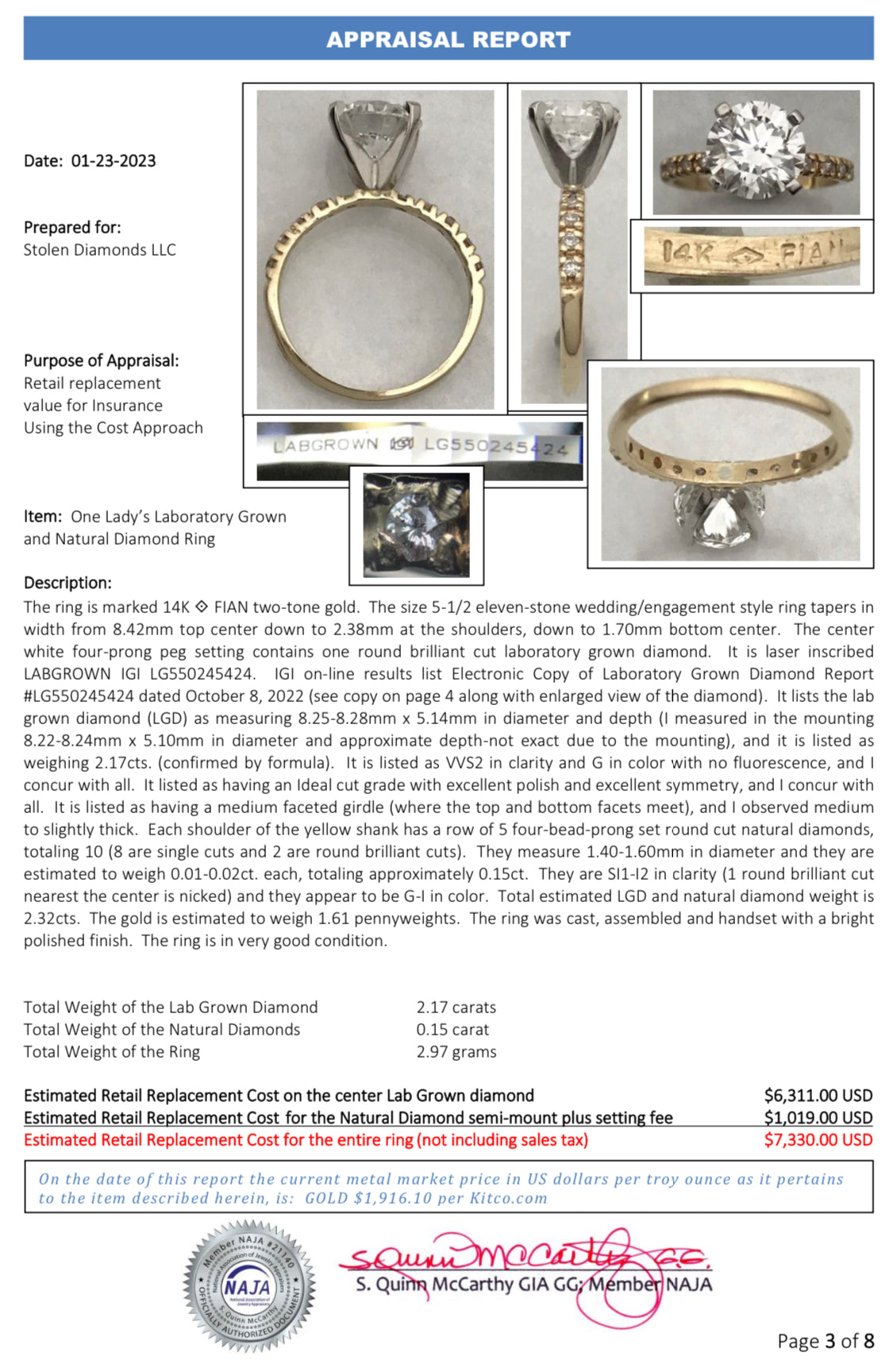 14K 2.30 CTW Lab Grown Diamond Ring w/Appraisal